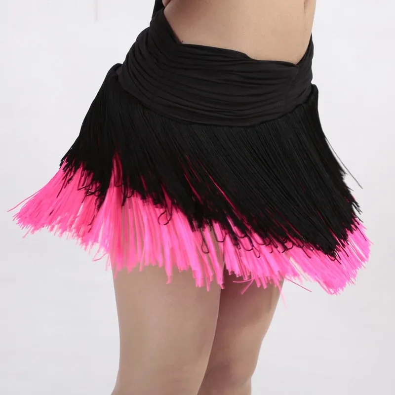 Latin Ballroom Salsa Dance Performance Tiered Tassel Swing Ruched Waist Fringe Skirts