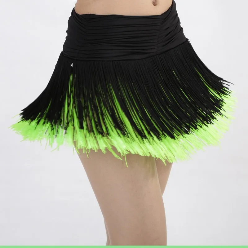 Latin Ballroom Salsa Dance Performance Tiered Tassel Swing Ruched Waist Fringe Skirts