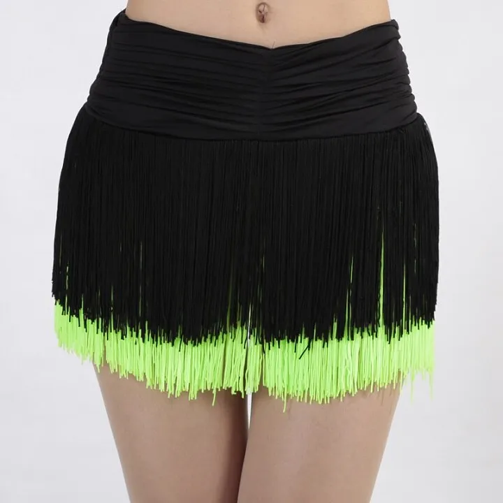 Latin Ballroom Salsa Dance Performance Tiered Tassel Swing Ruched Waist Fringe Skirts