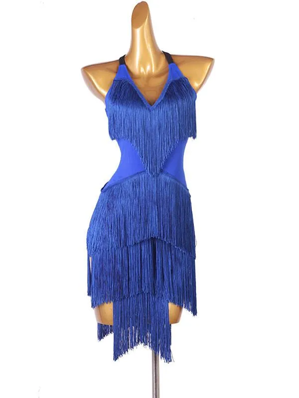 Latin Dance Costume Blue Women's Polyester Dress Backless Sexy Fringe Latin Dancer Dancing Wear