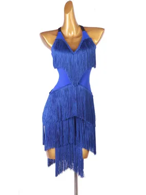 Latin Dance Costume Blue Women's Polyester Dress Backless Sexy Fringe Latin Dancer Dancing Wear