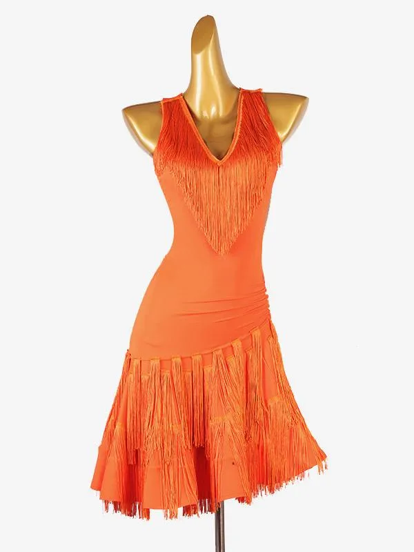 Latin Dance Dresses Orange Women's Lycra Spandex Dress Fringe Latin Dancer Dancing Costume