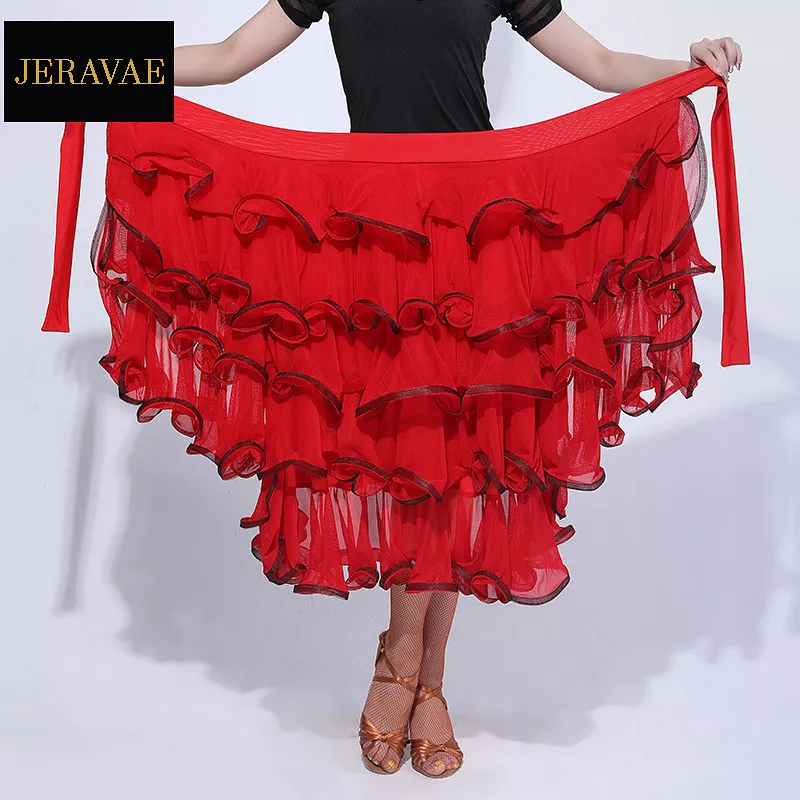 Latin Practice Wrap Skirt with Tie Straps and Multiple Layers of Large Ruffles Trimmed with Horsehair Available in Red and Black