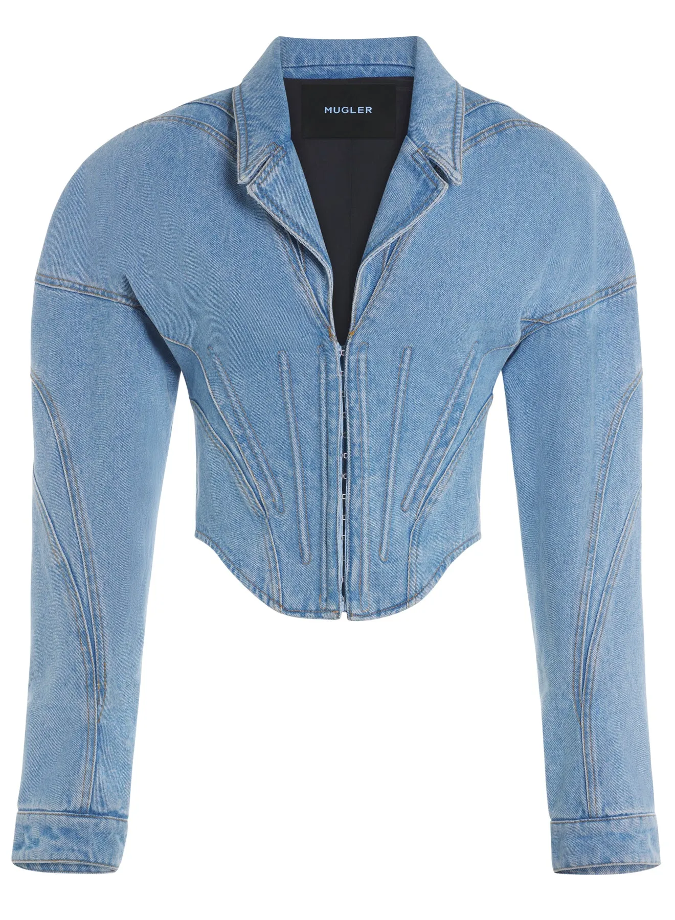 light blue tailored corset denim jacket