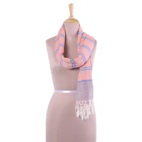 Melon Stripes Hand Woven Peach Cotton Scarf with Blue Stripes from India