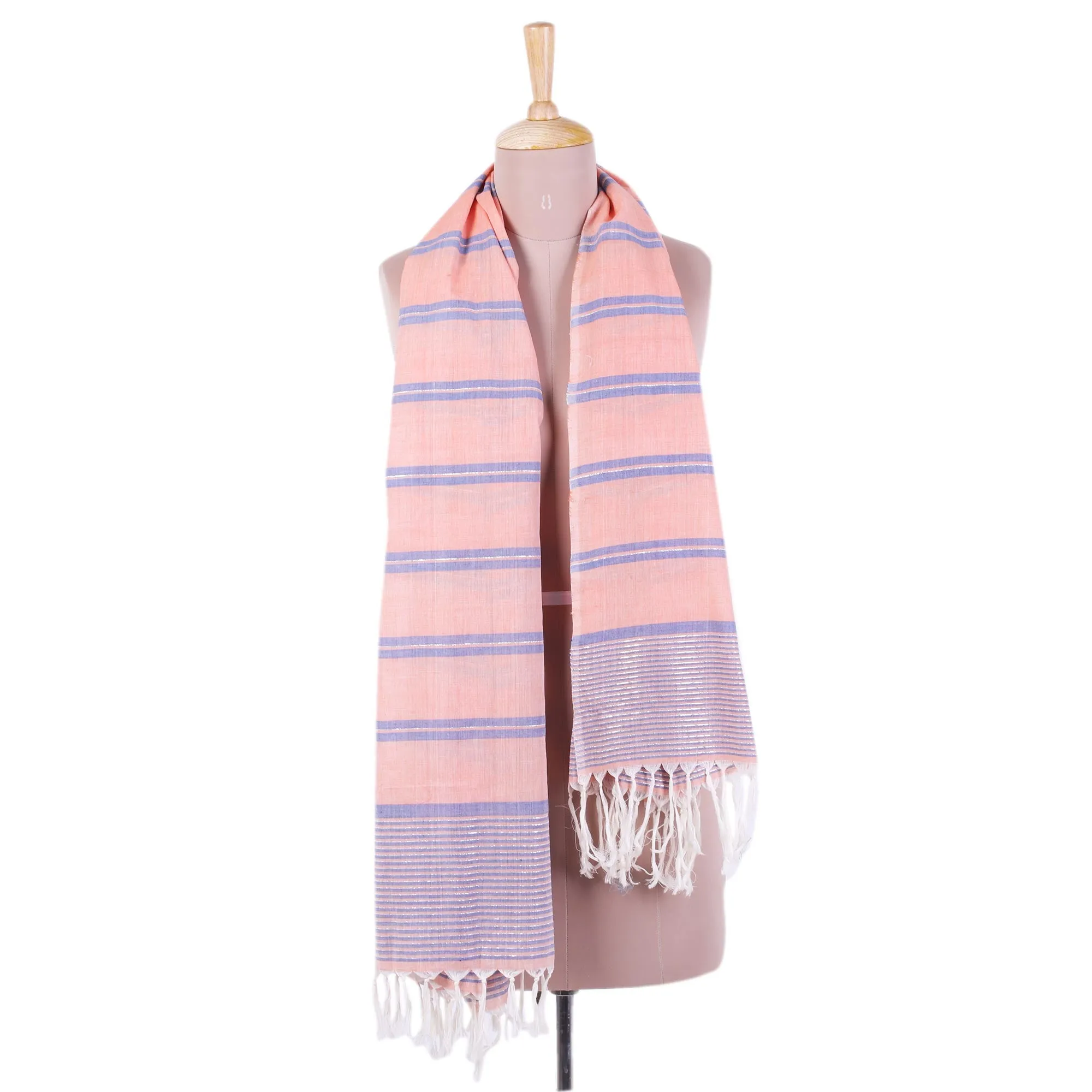 Melon Stripes Hand Woven Peach Cotton Scarf with Blue Stripes from India