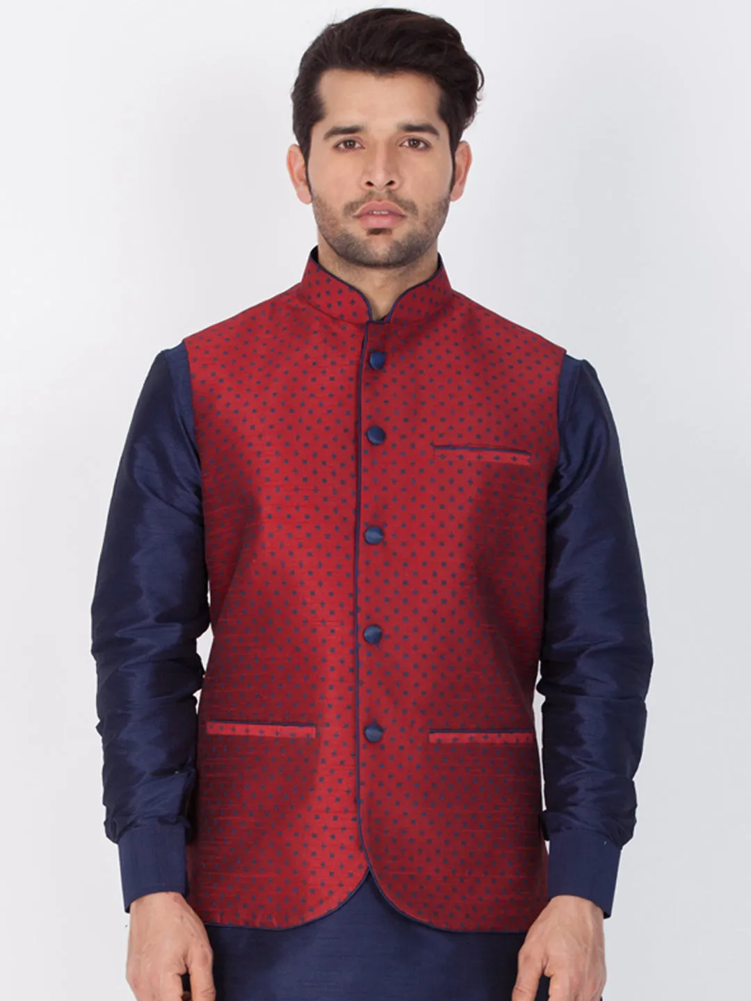 Men's Maroon Cotton Silk Blend Ethnic Jacket