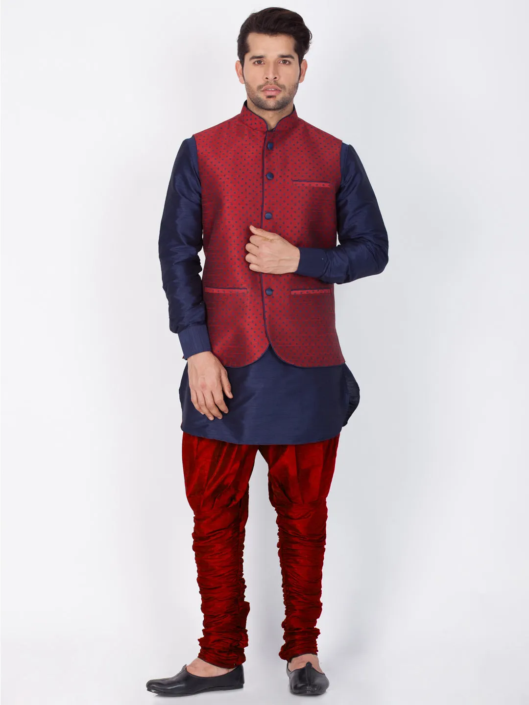 Men's Maroon Cotton Silk Blend Ethnic Jacket