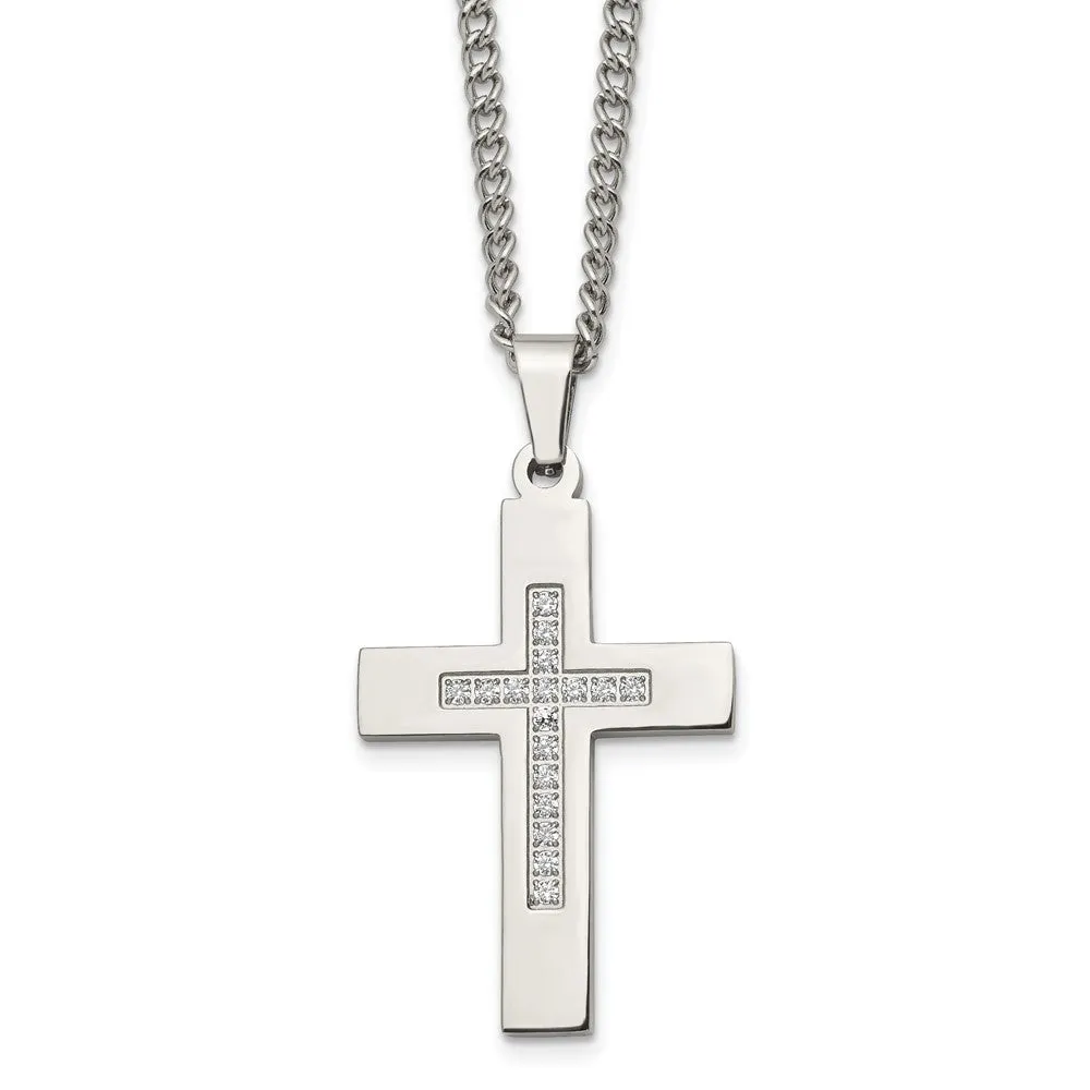 Men's Stainless Steel & CZ Polished Latin Cross Necklace, 24 Inch