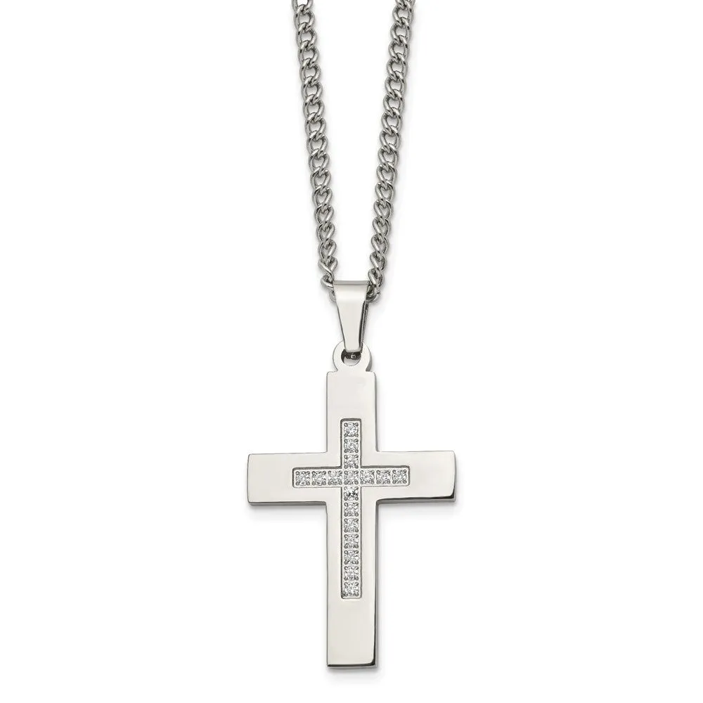 Men's Stainless Steel & CZ Polished Latin Cross Necklace, 24 Inch