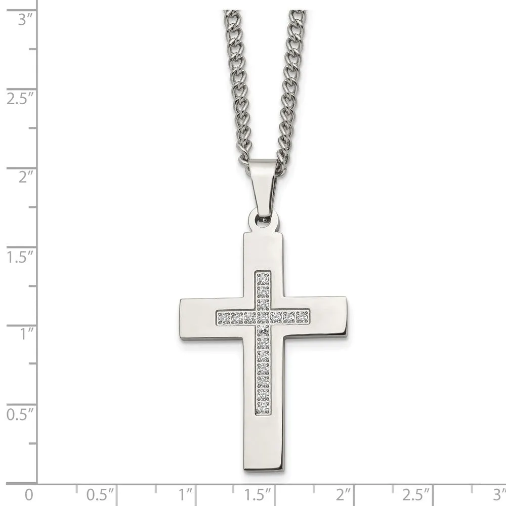 Men's Stainless Steel & CZ Polished Latin Cross Necklace, 24 Inch