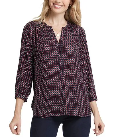 NYDJ Three Quarter Sleeve Printed Pintucked Back Blouse