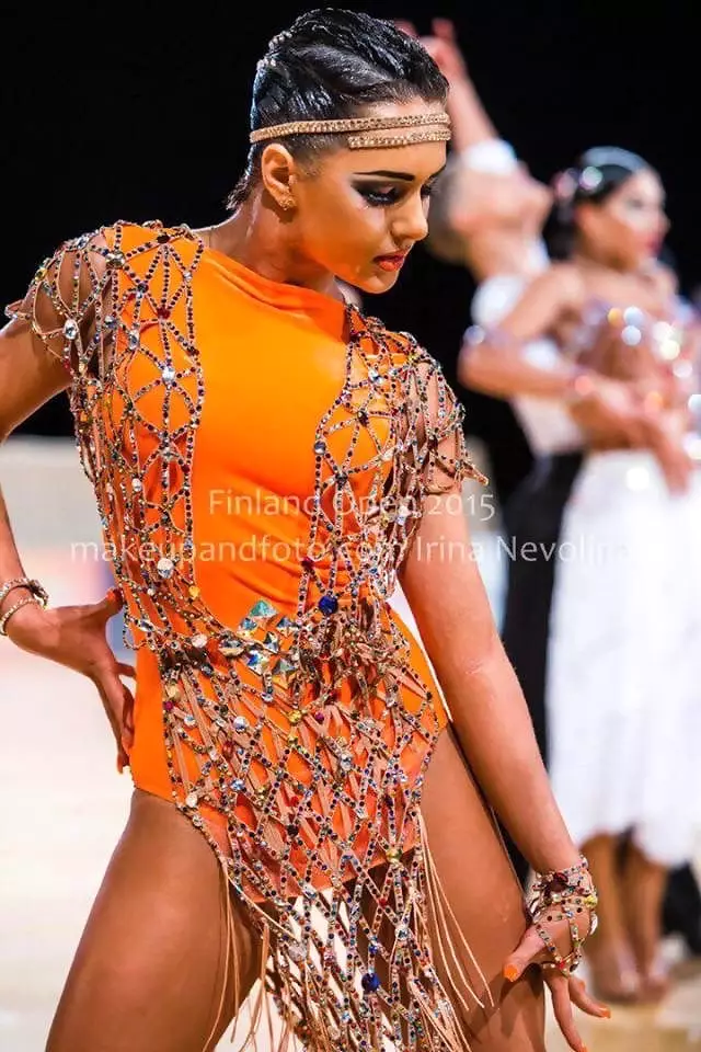 Orange Latin Dress with Crystal Net