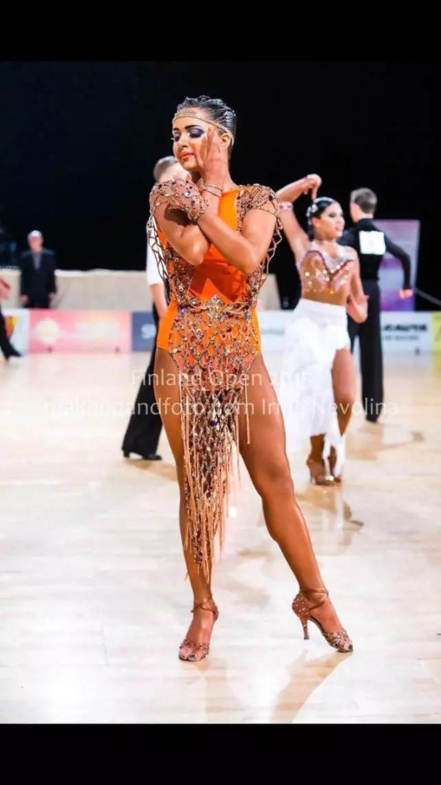 Orange Latin Dress with Crystal Net