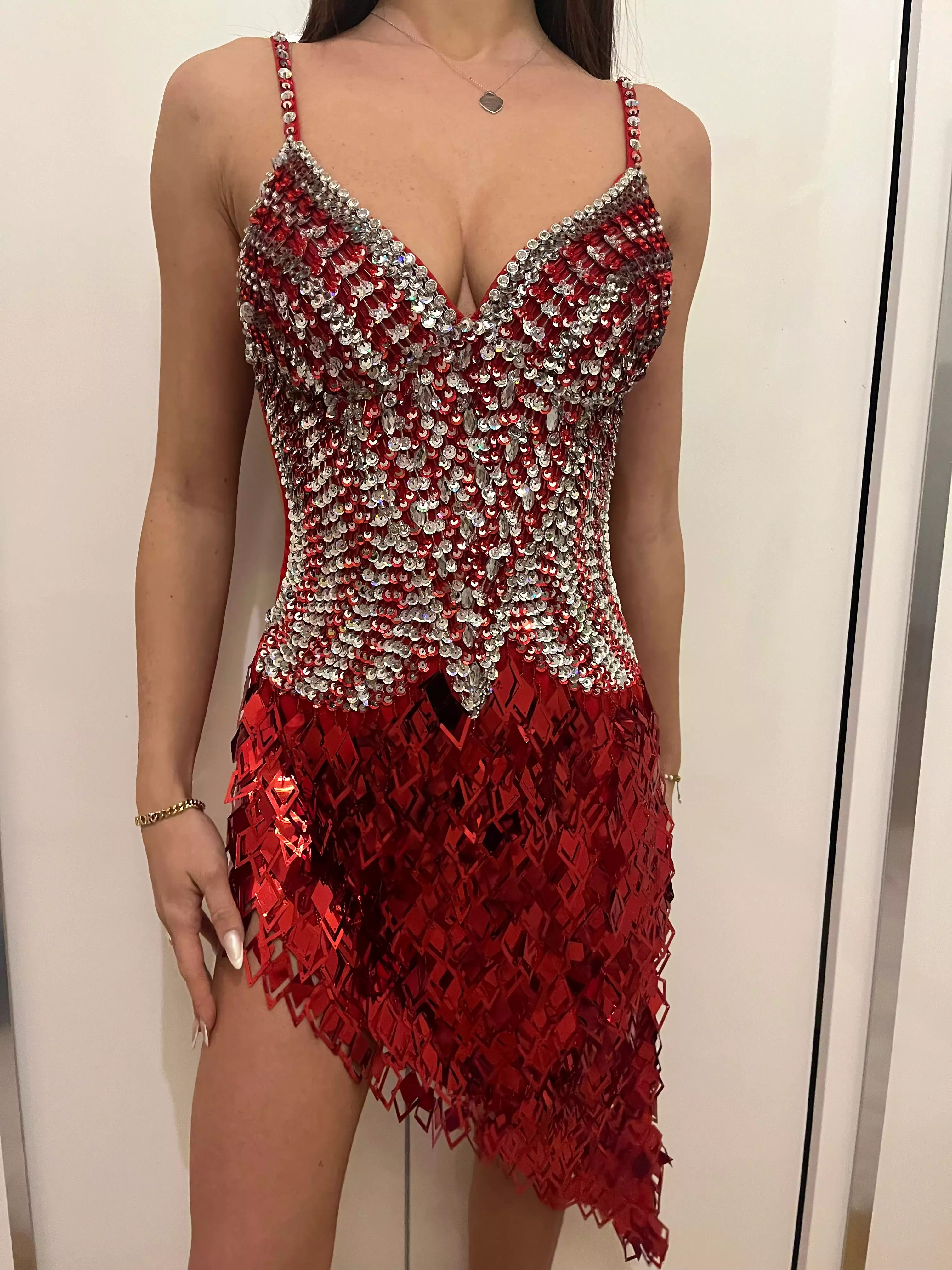 Radiant Red and Silver Sequined Latin Dance Dress