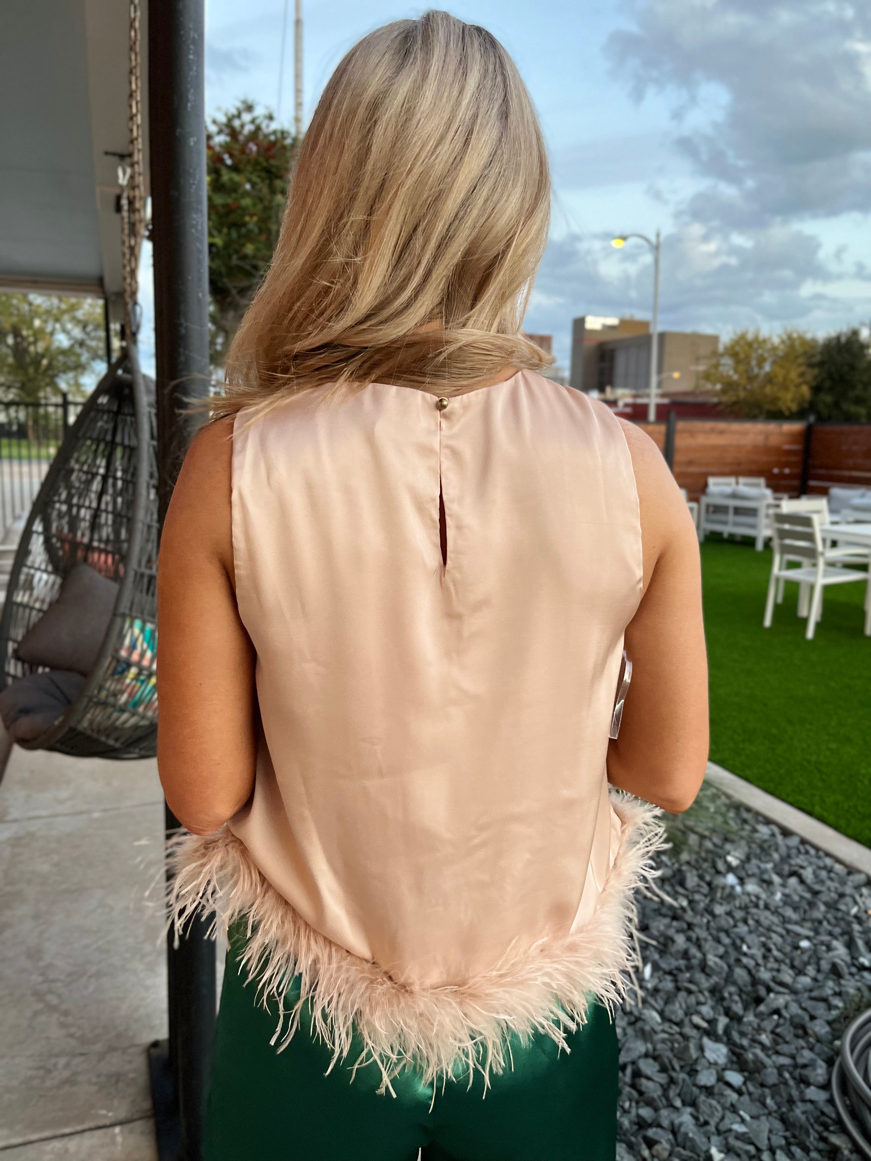 Satin Sleeveless Feather Trim Top - Champagne