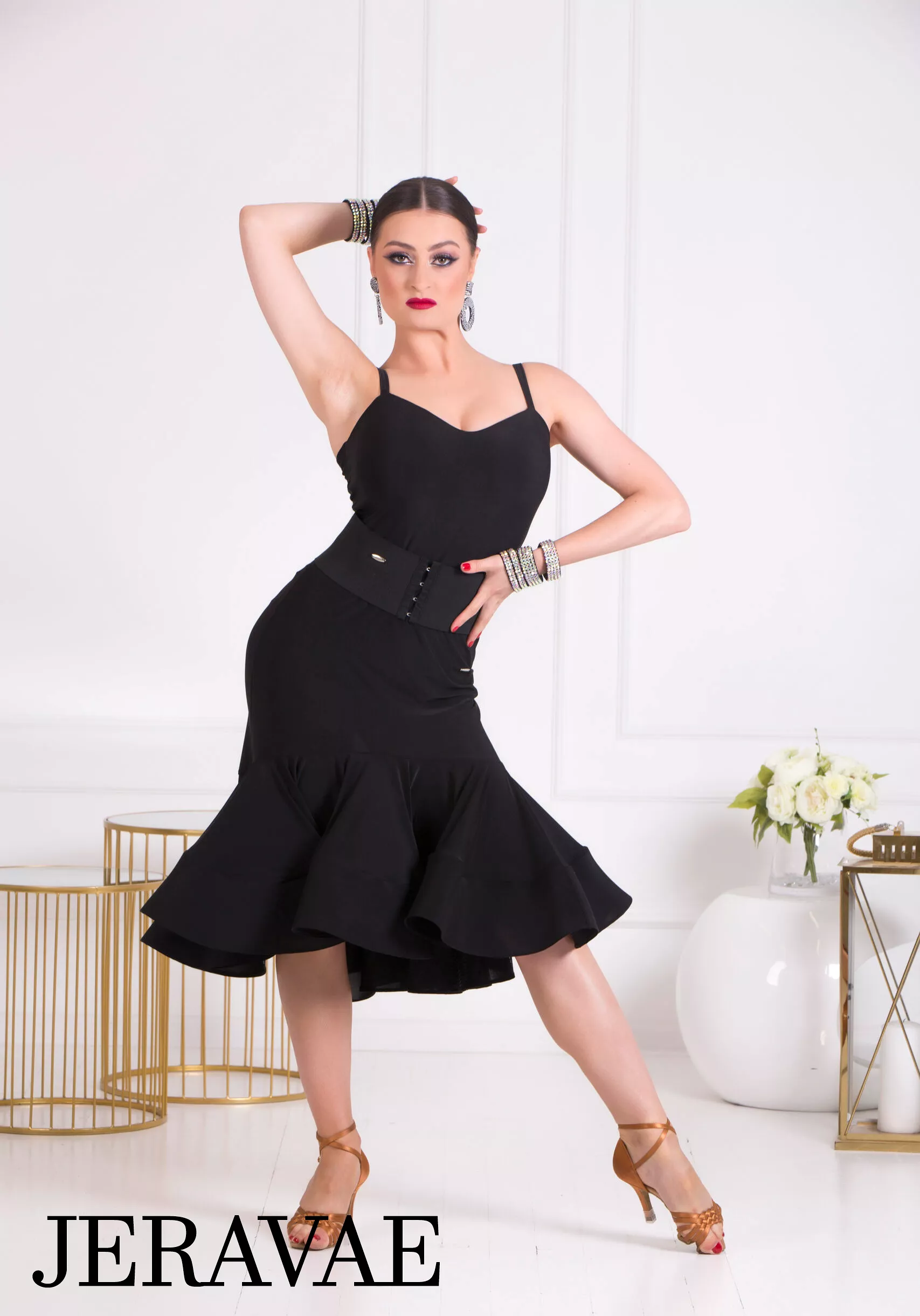 Senga Dancewear CAMELLIA Black Latin Practice Skirt with Wide Crinoline Ruffle PRA 1071 in Stock