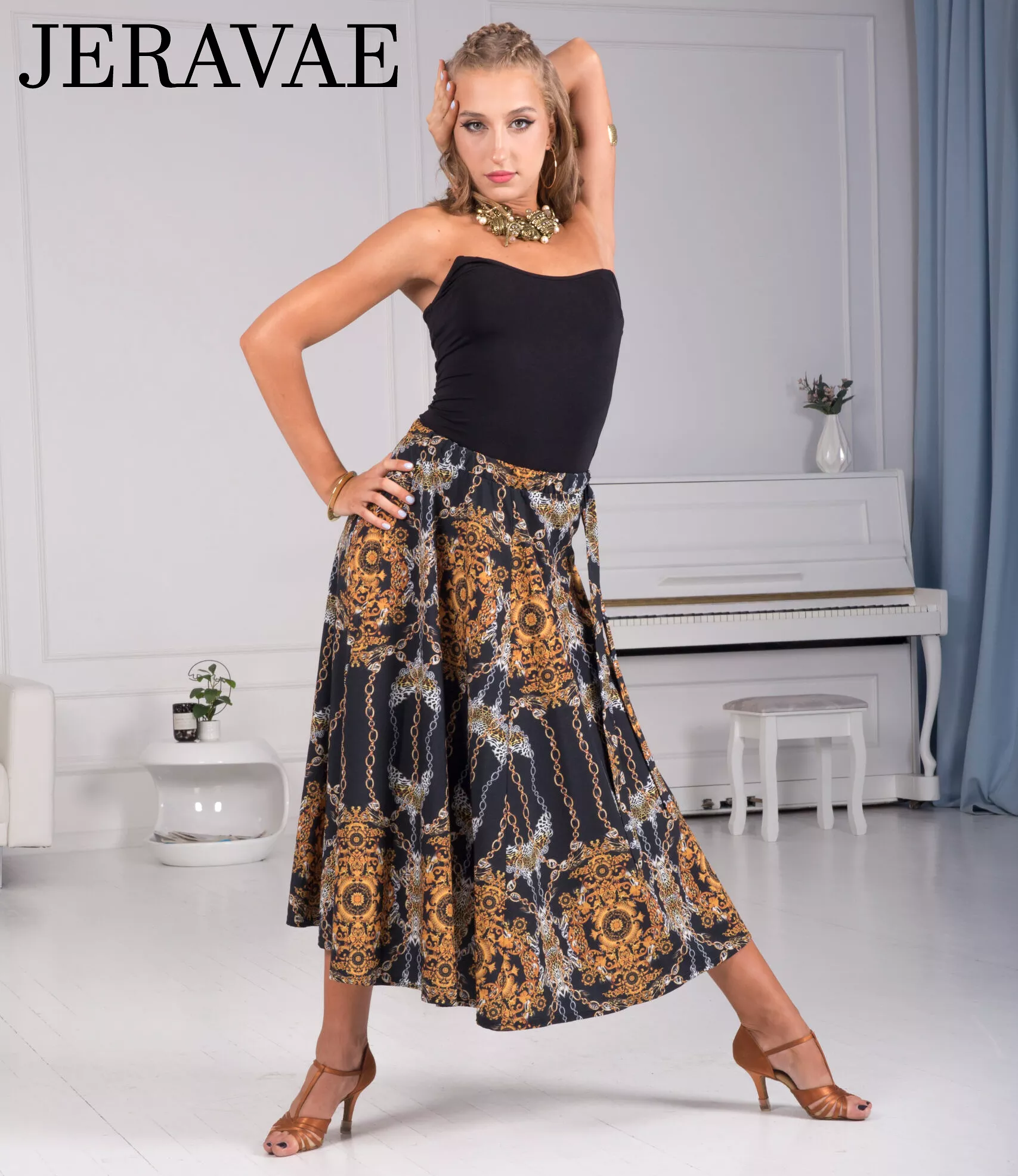 Senga Dancewear CHOREA Tea Length Midi Ballroom Practice Skirt with Oriental Pattern and Side Tie Detail PRA 975 in Stock