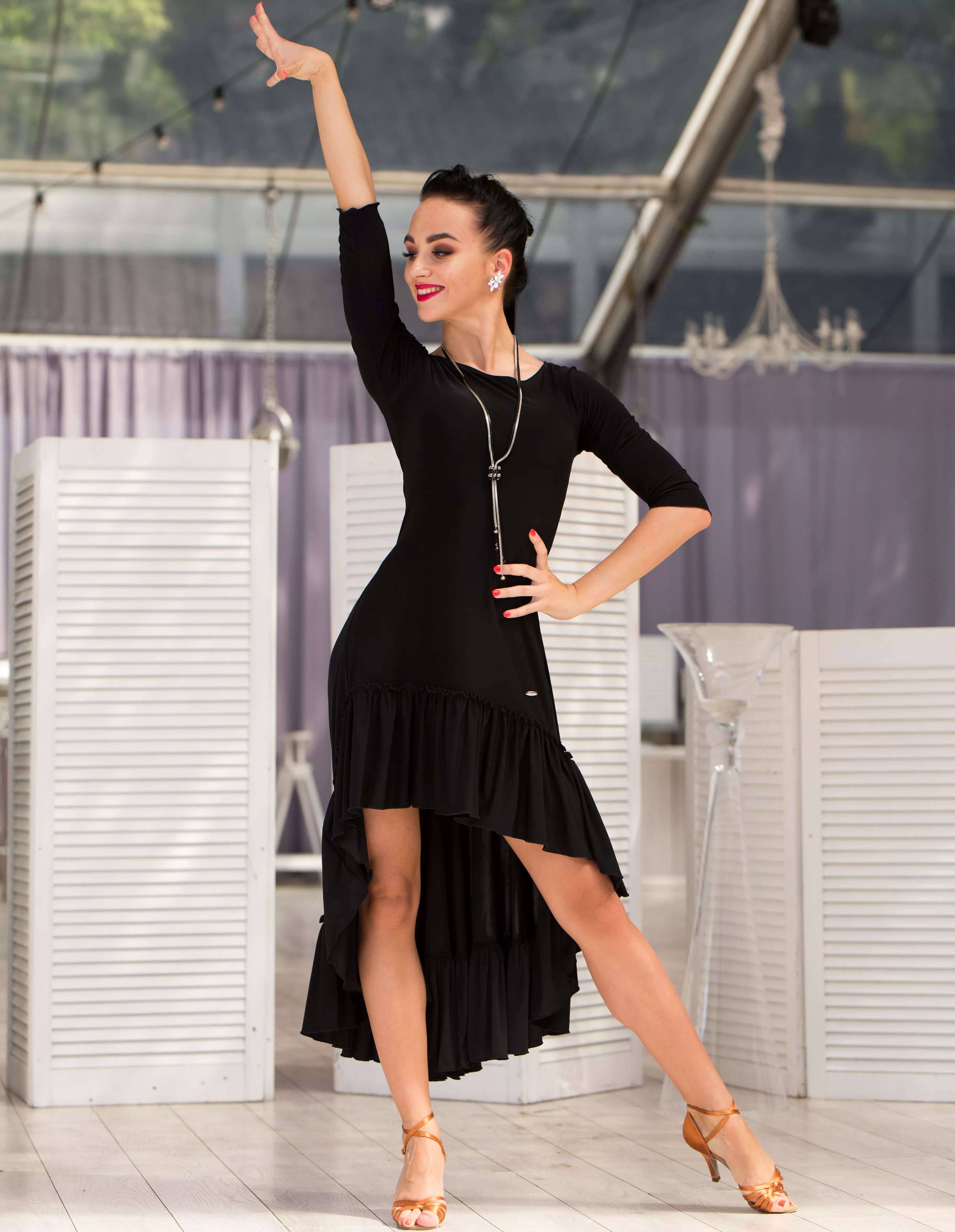 Senga Dancewear NATIA Black Latin Practice Dress with Half Sleeves and Asymmetrical Skirt with Ruffle Hemline PRA 990 in Stock