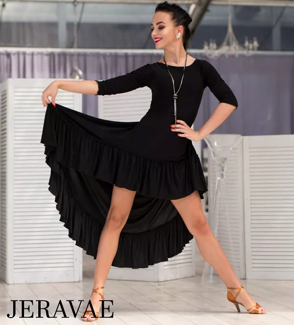 Senga Dancewear NATIA Black Latin Practice Dress with Half Sleeves and Asymmetrical Skirt with Ruffle Hemline PRA 990 in Stock