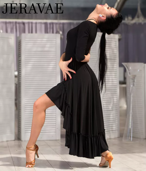 Senga Dancewear NATIA Black Latin Practice Dress with Half Sleeves and Asymmetrical Skirt with Ruffle Hemline PRA 990 in Stock