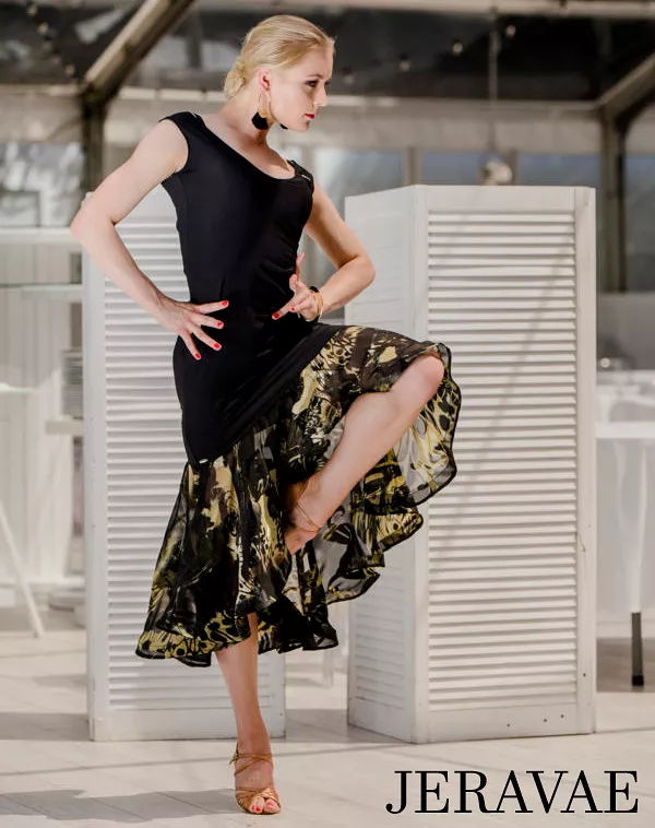 Senga Dancewear PIVA Sleeveless Black Latin Practice Dress with Black and Gold Asymmetrical Flounce Skirt and Cutout on Back PRA