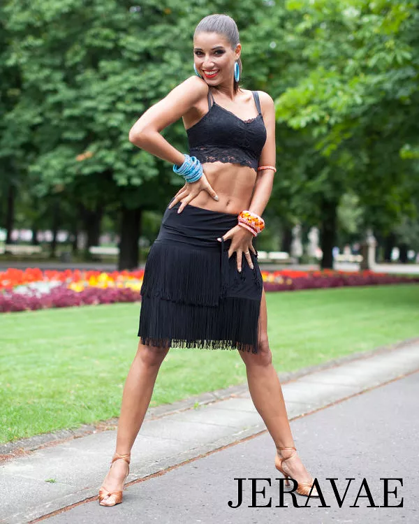 Senga Dancewear REEL Black Latin Practice Skirt with Two Rows of Fringe and Double Slits PRA 966 in Stock