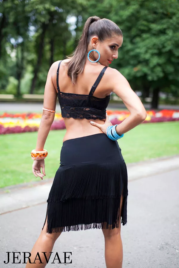 Senga Dancewear REEL Black Latin Practice Skirt with Two Rows of Fringe and Double Slits PRA 966 in Stock