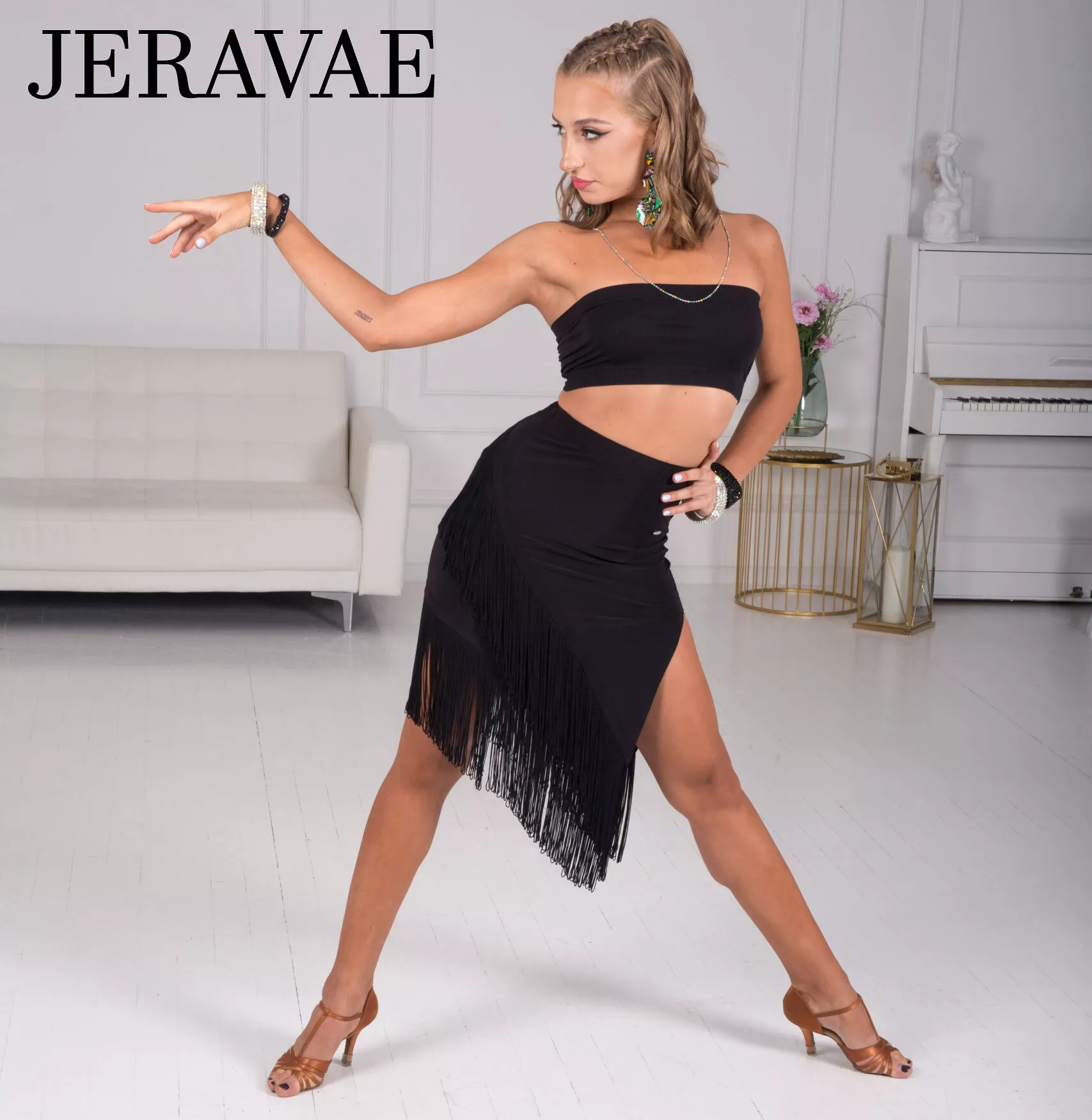 Senga Dancewear RUMBA Angle Cut Black Pencil Latin Practice Skirt with Two Layers of Fringe and High Side Slit PRA 971 in Stock