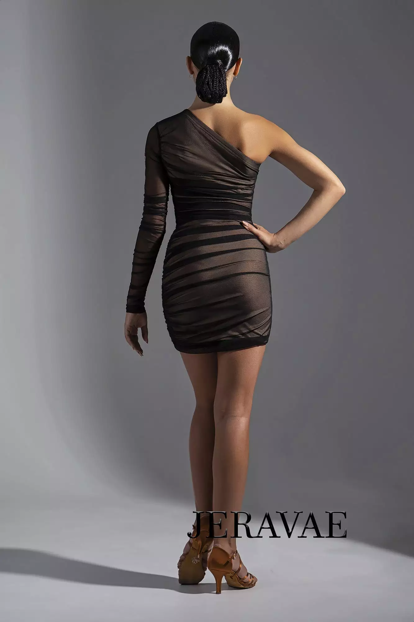 Sexy Latin/Salsa Dress with Gathered Mesh Over Nude Line Crepe and Single Mesh Long Sleeve PRA 570