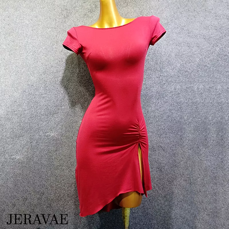 Short Sleeve Tie Back Latin Practice Dress with Ruching at Hip and Slit in Asymmetrical Skirt Available in Red or Black PRA 958_