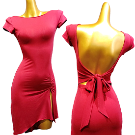 Short Sleeve Tie Back Latin Practice Dress with Ruching at Hip and Slit in Asymmetrical Skirt Available in Red or Black PRA 958_