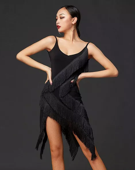 Sleeveless Black Fringe Latin Practice Dress with Open Back and Sliced Skirt PRA 768_sale