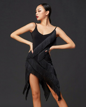 Sleeveless Black Fringe Latin Practice Dress with Open Back and Sliced Skirt PRA 768_sale