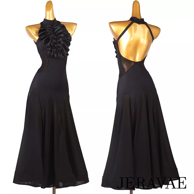 Sleeveless Black Halter Ballroom Practice Dress with Large Satin 3D Ruffle, Mesh Side Inserts and Skirt, and Open Back PRA 894 i