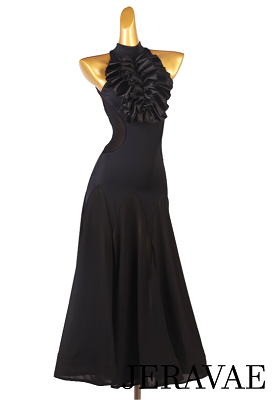 Sleeveless Black Halter Ballroom Practice Dress with Large Satin 3D Ruffle, Mesh Side Inserts and Skirt, and Open Back PRA 894 i