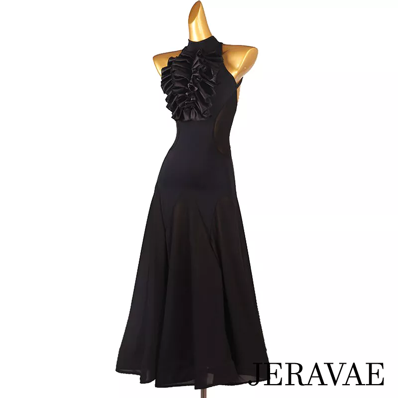 Sleeveless Black Halter Ballroom Practice Dress with Large Satin 3D Ruffle, Mesh Side Inserts and Skirt, and Open Back PRA 894 i