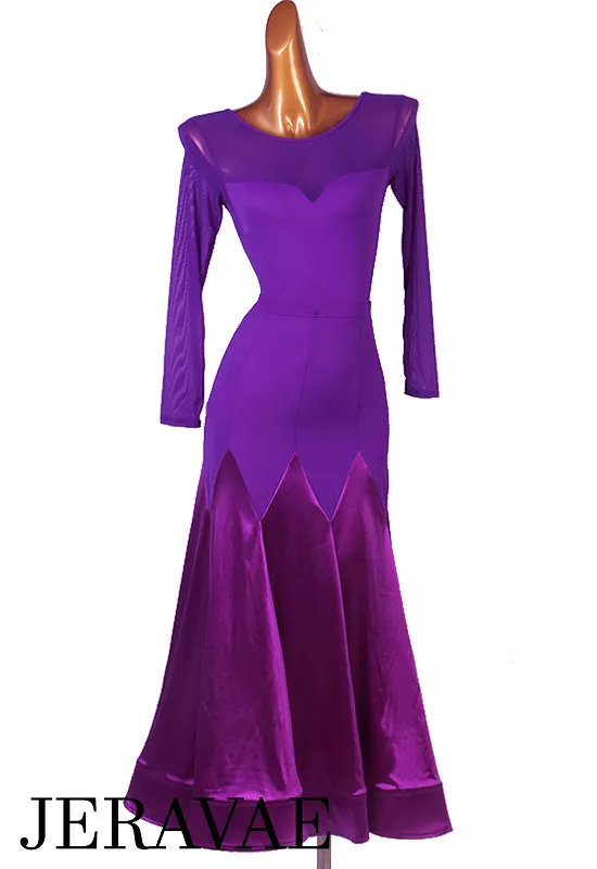 Two Piece Purple Ballroom Practice Skirt with Long Sleeve Bodysuit with Mesh Panels and Long Skirt with Satin Gussets PRA 903_sa