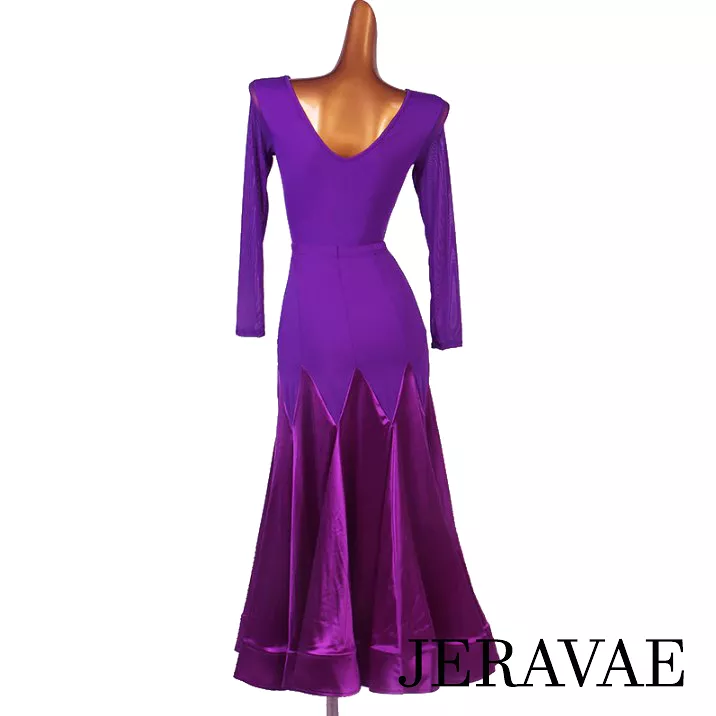 Two Piece Purple Ballroom Practice Skirt with Long Sleeve Bodysuit with Mesh Panels and Long Skirt with Satin Gussets PRA 903_sa