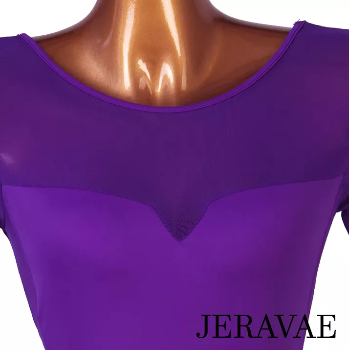 Two Piece Purple Ballroom Practice Skirt with Long Sleeve Bodysuit with Mesh Panels and Long Skirt with Satin Gussets PRA 903_sa