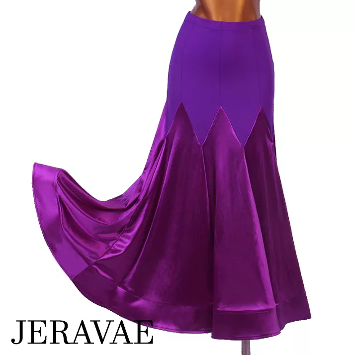 Two Piece Purple Ballroom Practice Skirt with Long Sleeve Bodysuit with Mesh Panels and Long Skirt with Satin Gussets PRA 903_sa