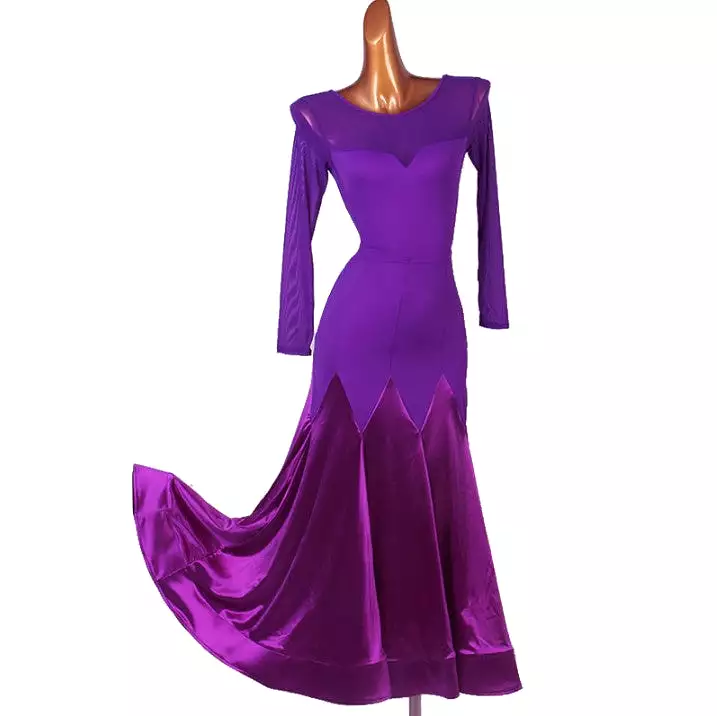 Two Piece Purple Ballroom Practice Skirt with Long Sleeve Bodysuit with Mesh Panels and Long Skirt with Satin Gussets PRA 903_sa