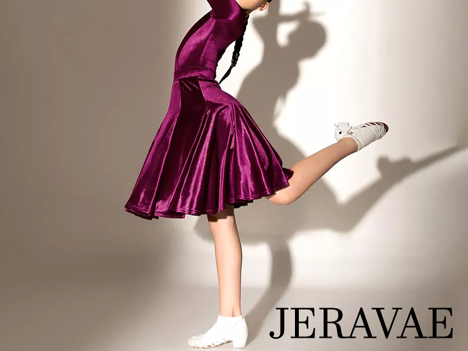 Two Piece Youth Long Sleeve Purple/Wine Red Velvet Practice or Competition Bodysuit and Pleated Latin Skirt You032 in Stock