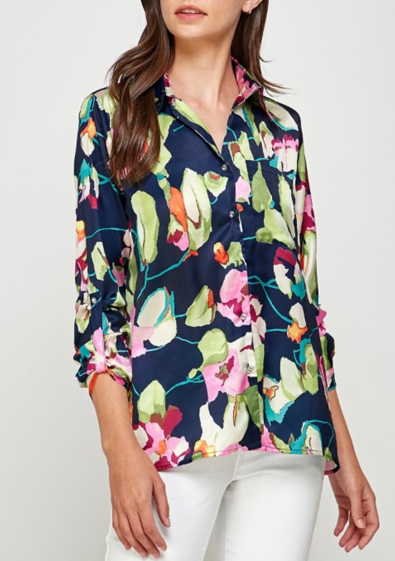 TX7301 Satin long sleeves print shirt