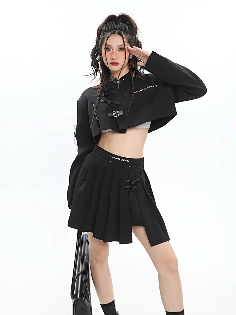 UNA Solid Color Black Multi Zippers Cropped Shirt Pleated Skirt Matching Set