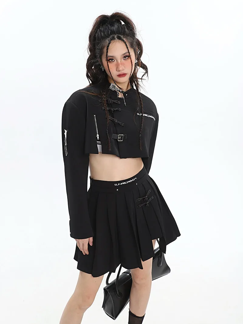 UNA Solid Color Black Multi Zippers Cropped Shirt Pleated Skirt Matching Set