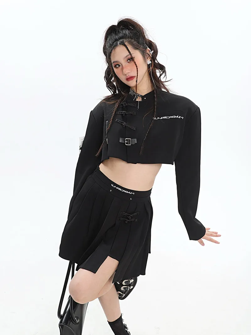 UNA Solid Color Black Multi Zippers Cropped Shirt Pleated Skirt Matching Set