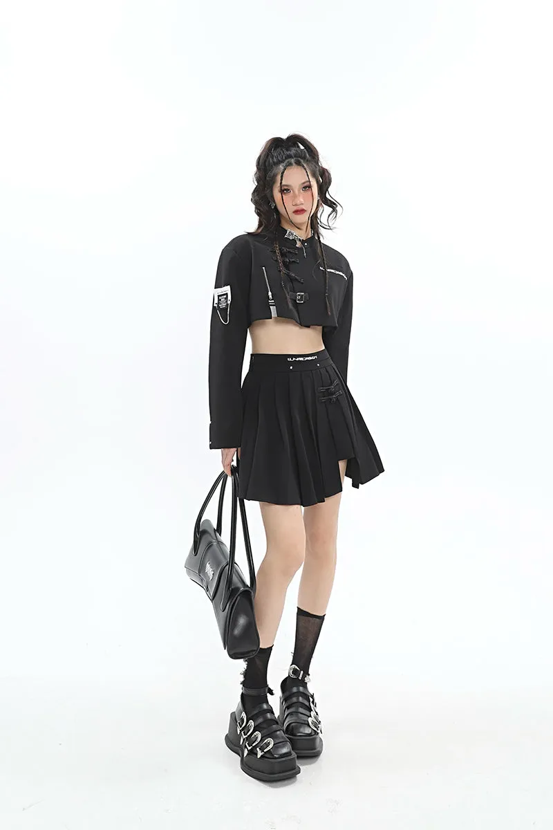 UNA Solid Color Black Multi Zippers Cropped Shirt Pleated Skirt Matching Set