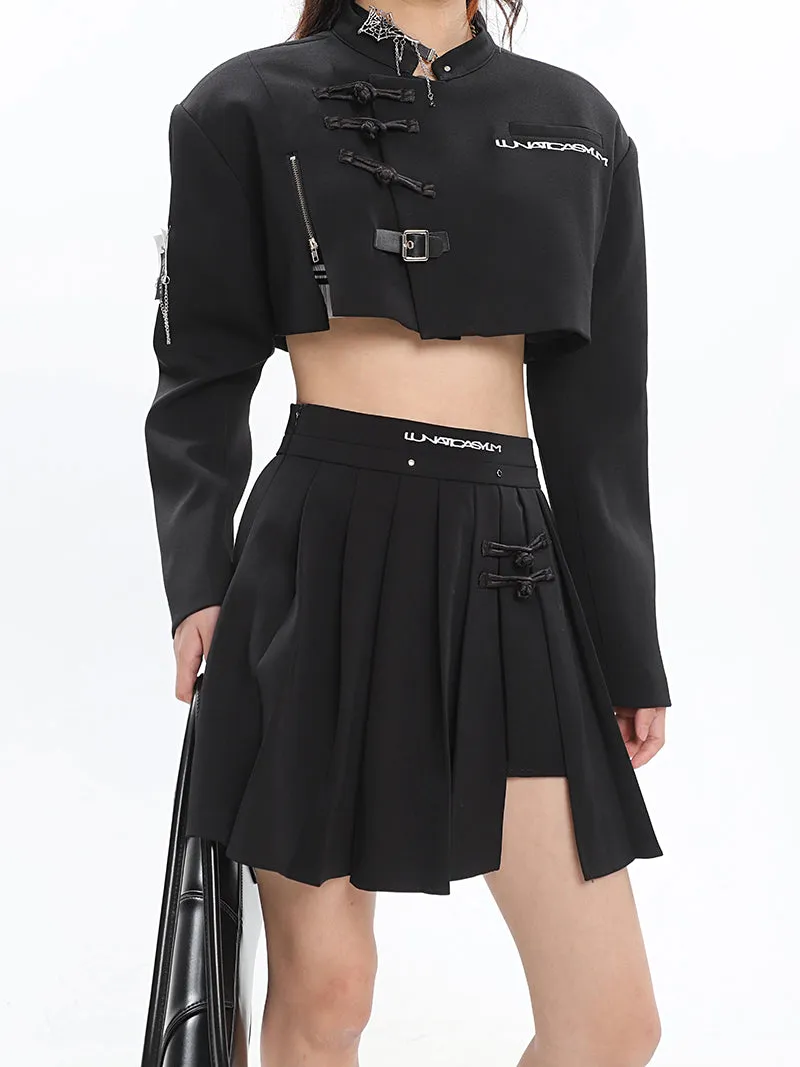 UNA Solid Color Black Multi Zippers Cropped Shirt Pleated Skirt Matching Set