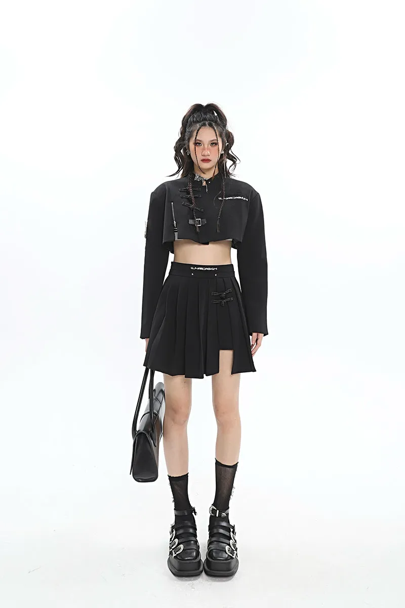 UNA Solid Color Black Multi Zippers Cropped Shirt Pleated Skirt Matching Set